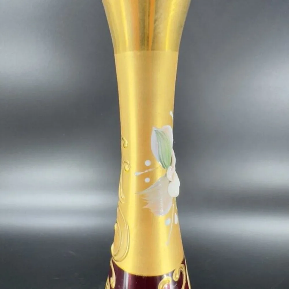 Venetian Art Glass Vase Raised Flowers Ruby Red Heavy Gold Painted Made In Italy